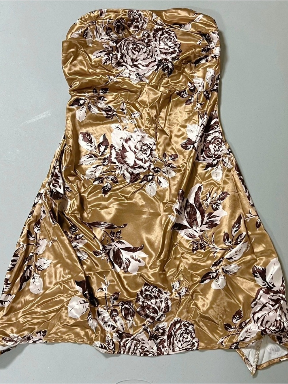 Brown Rose Roses Floral Satin Silk Strapless Mini Dress Size S 🤎✨ #floral #satin